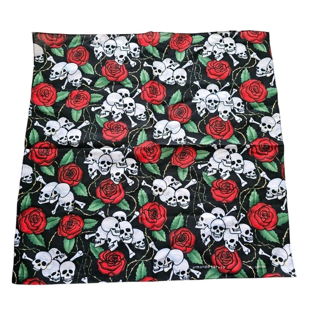 Armando Caruso Handkerchief Skulls Bandana Red Roses Skeletons Riding Scarf 22"